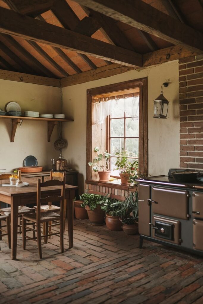 A charming rustic farmhouse kitchen with a brown AGA-style cooker, brick flooring, a wooden dining table and chairs, potted plants by the window, and exposed wooden ceiling beams.