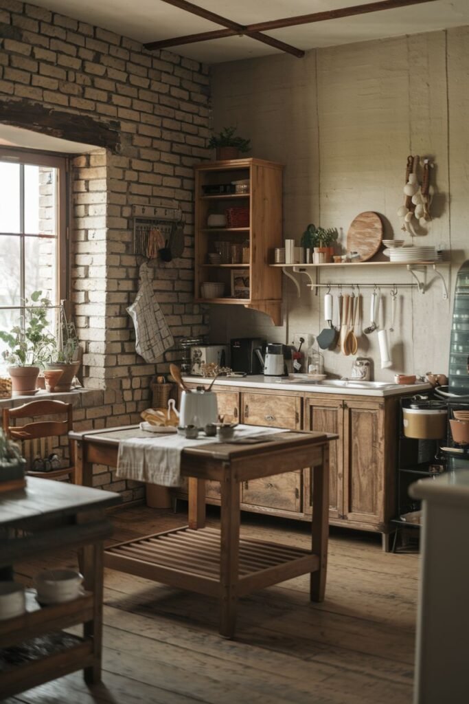 A rustic farmhouse kitchen with exposed brick walls, wooden cabinets, a white marble countertop, a wooden kitchen island, wooden flooring, and a range cooker partially visible.