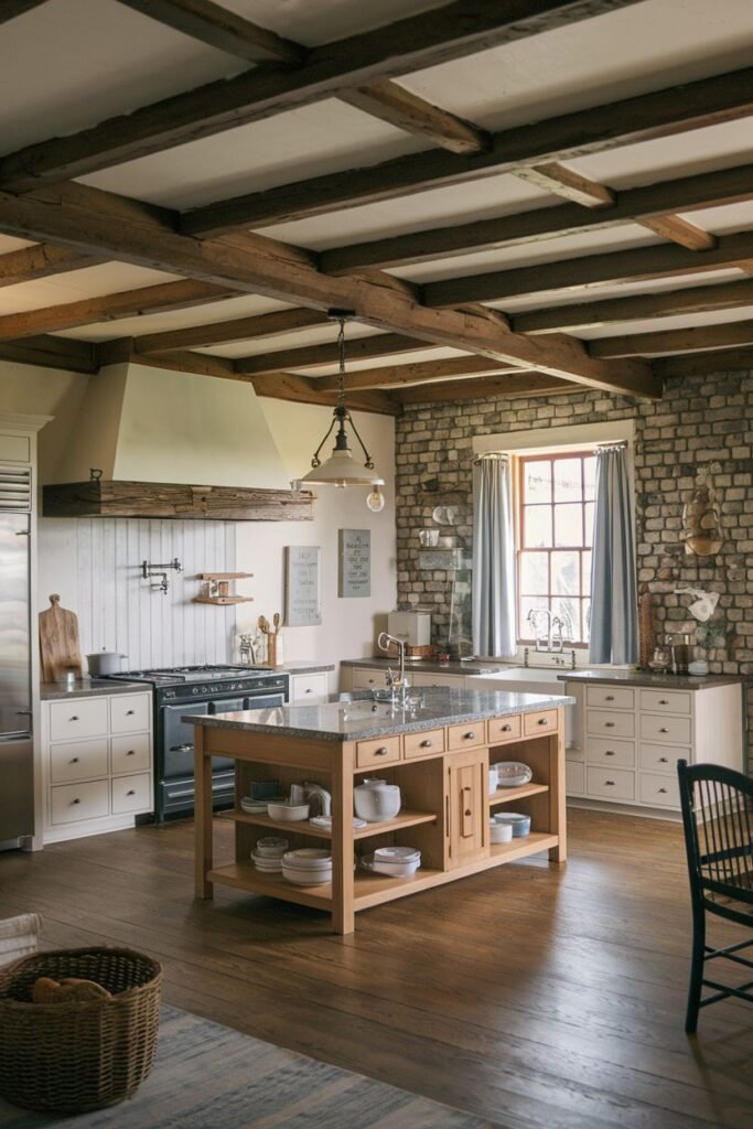 A large rustic farmhouse kitchen featuring a black AGA cooker, white and wooden cabinets, granite countertops, a substantial wooden kitchen island with a sink, exposed wooden beams, and wooden floors.