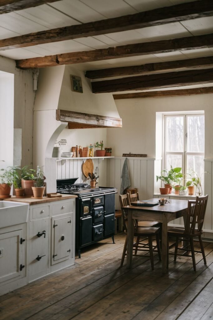 A welcoming rustic farmhouse kitchen with a black AGA cooker, whitewashed cabinets, a wooden countertop, a wooden dining table and chairs, exposed wooden beams, and wooden flooring.