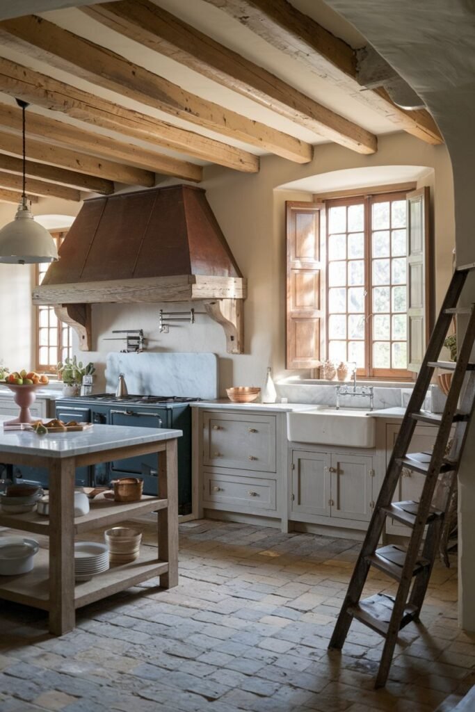 A rustic farmhouse kitchen with a blue AGA cooker, light-colored cabinets, a marble countertop on an island, a Belfast sink, exposed wooden beams, and a stone tile floor. A wooden ladder leans against the wall.