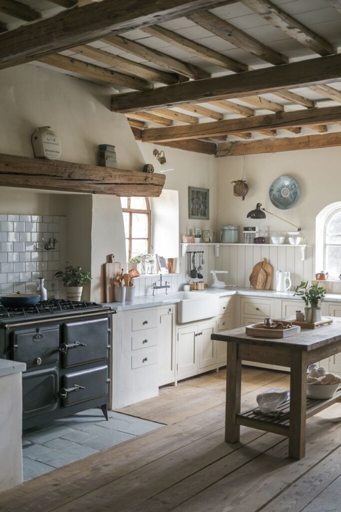 A classic rustic farmhouse kitchen featuring a black AGA cooker, white cabinets, wooden countertops, a wooden kitchen island, white subway tile backsplash, exposed wooden beams, and wooden flooring.