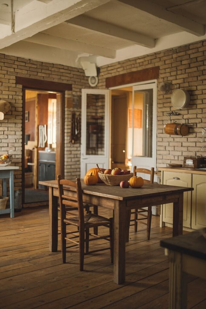 A cozy rustic farmhouse kitchen with brick walls, wooden flooring, a wooden dining table and chairs with pumpkins and apples, and painted lower cabinets.
