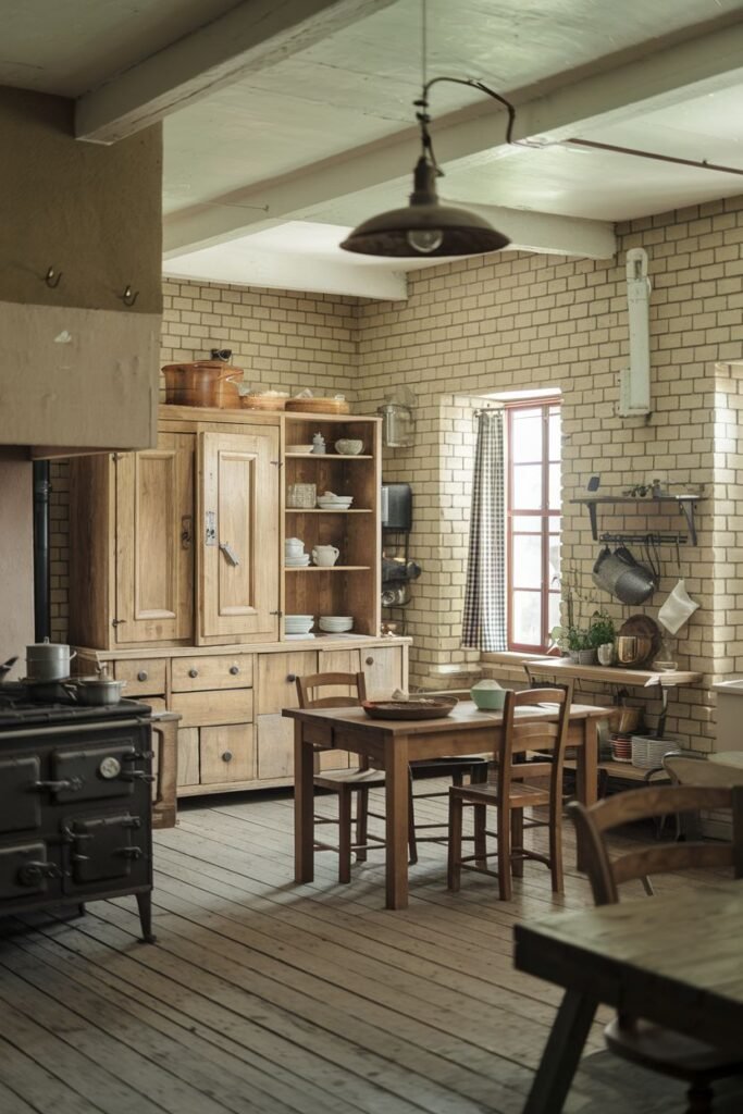 A simple rustic farmhouse kitchen with brick walls, wooden flooring, a dark AGA-style cooker, a large wooden cupboard, and a wooden dining table and chairs.