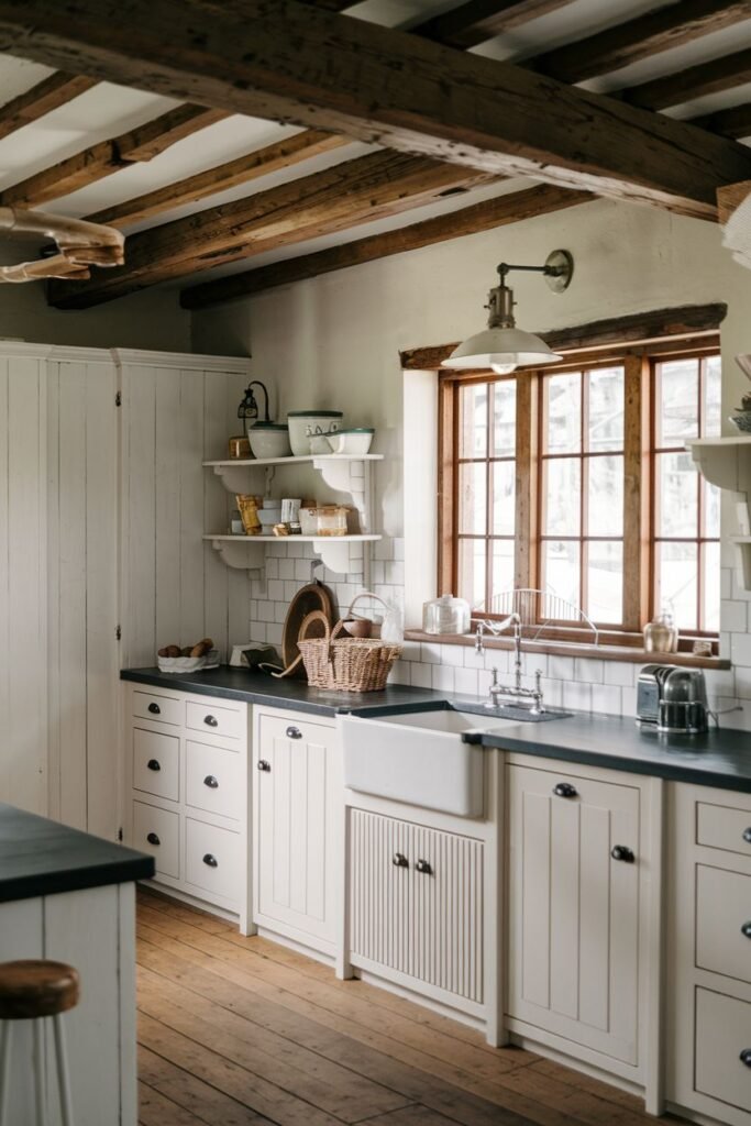 A bright rustic farmhouse kitchen with white cabinets, dark countertops, a Belfast sink, wooden flooring, exposed wooden beams, and a window with natural light.