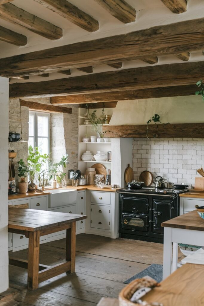 A charming rustic farmhouse kitchen featuring a black AGA cooker, light blue cabinets, wooden countertops, a wooden kitchen island, exposed wooden beams, and wooden flooring.