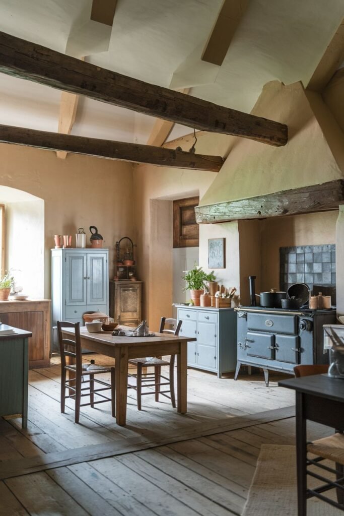 A rustic farmhouse kitchen with a grey AGA-style cooker, painted cabinets, a wooden dining table and chairs, exposed wooden beams, and wooden flooring.