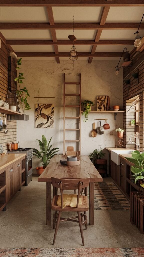 A rustic wabi sabi kitchen featuring exposed brick walls, substantial wooden beams forming a ceiling grid, simple wooden cabinetry, open shelving displaying dishware, a large wooden dining table with chairs, a wooden ladder leaning against the wall, and various potted plants, all illuminated by warm, natural light.