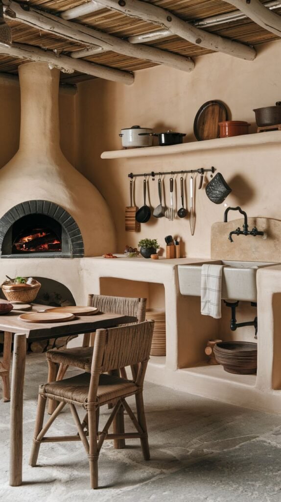 An adobe-inspired wabi sabi kitchen with curved, plastered walls, an open fire oven, a simple wooden dining table with woven chairs, a stone floor, and open shelving displaying functional kitchen items.