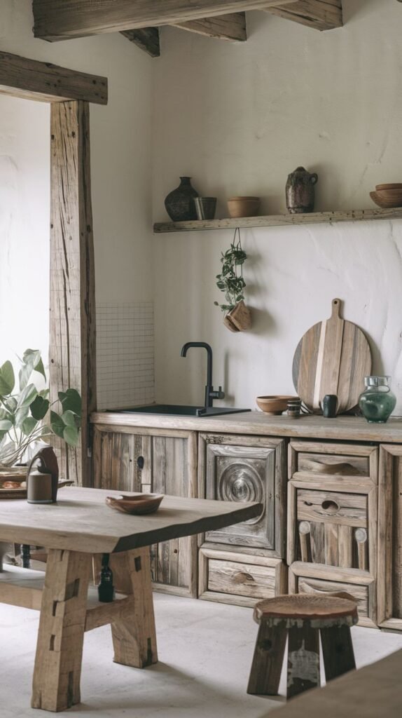 A tactile wabi sabi kitchen featuring heavily textured wooden cabinets, uneven plastered walls, exposed wooden beams, a rustic wooden dining table, a simple wooden stool, and open shelving with minimal decoration.