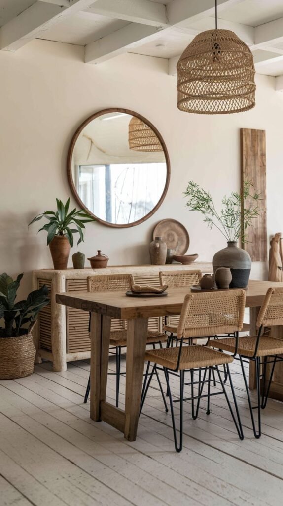 A light and airy wabi sabi kitchen with light-toned wooden flooring and a slatted ceiling, simple light wood furniture including a dining table and chairs with natural fiber seats, a round mirror, and minimal decor, emphasizing natural materials.