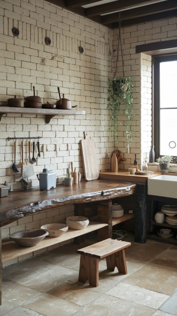 An industrial-rustic wabi sabi kitchen with exposed white brick walls, a live-edge wooden countertop supported by a dark metal frame, simple wooden shelving, a stone tile floor, and a hanging pendant light, blending raw textures.