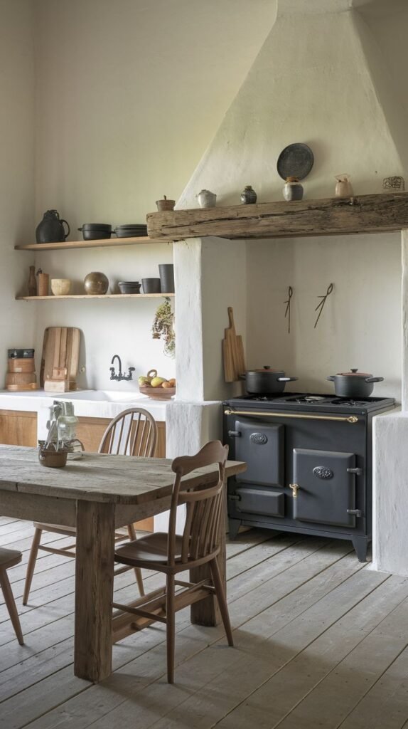 A wabi sabi kitchen with old-world charm featuring a prominent black range cooker, simple wooden furniture including a rustic dining table and chairs, a large wooden beam supporting a mantelpiece, open shelving displaying pottery, and wooden floorboards.