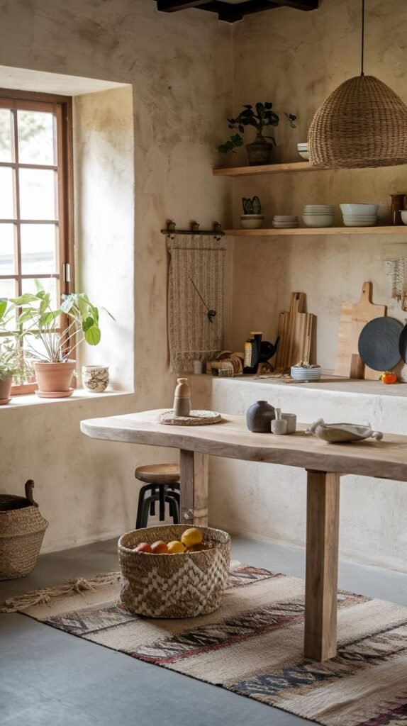 A warm and inviting wabi sabi kitchen with textured, earthy-toned walls, a simple wooden dining table with a natural fiber rug underneath, open wooden shelving displaying dishes and utensils, and natural light streaming through a window.