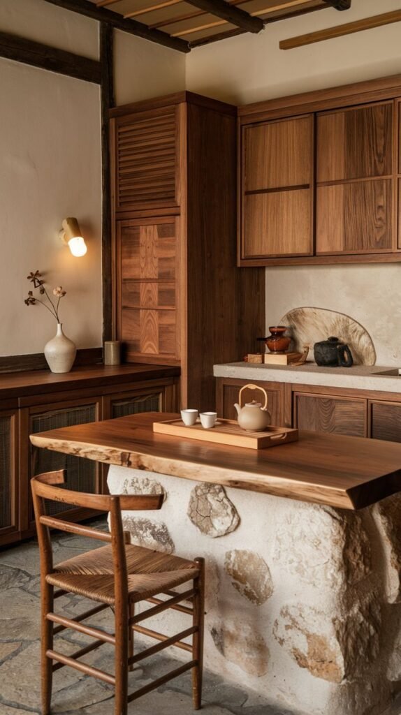 A wabi sabi kitchen highlighting a wood and stone foundation with a kitchen island featuring a stone base and a wooden countertop, paired with a simple wooden chair, along with wooden cabinetry and stone flooring.