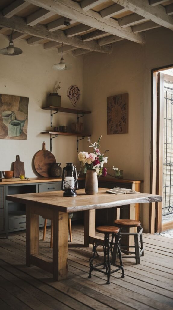 An architecturally expressive wabi sabi kitchen with exposed wooden ceiling beams, a rustic wooden dining table with mismatched stools and chairs, simple open shelving, painted wooden lower cabinets, and wide wooden floorboards.