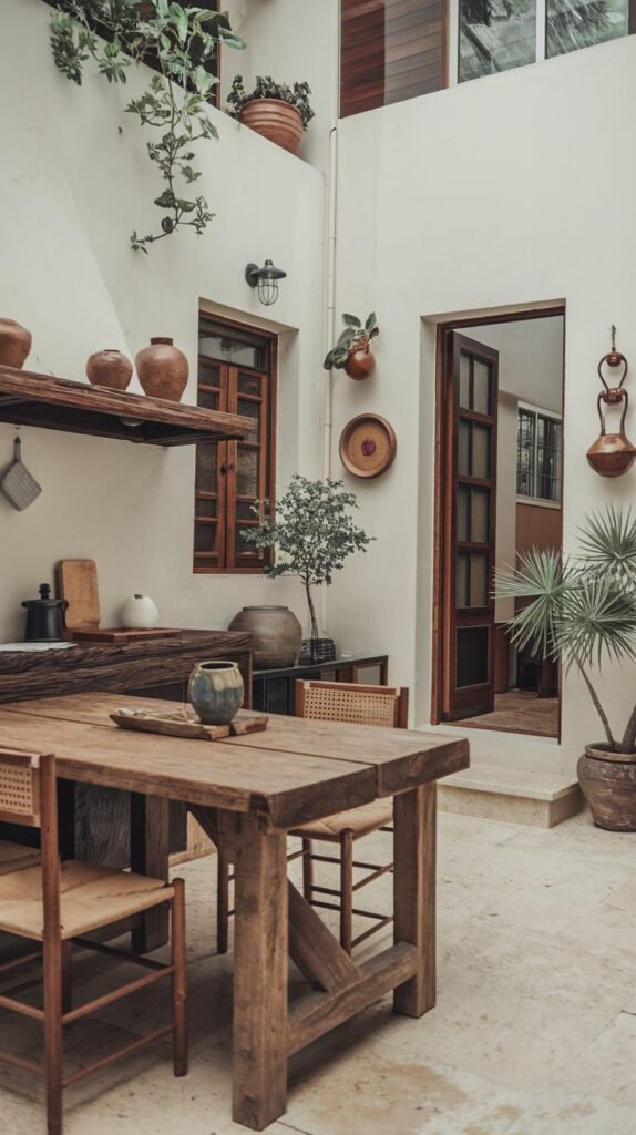 An indoor-outdoor wabi sabi kitchen with a seamless transition to an outdoor space, featuring simple wooden furniture including a dining table and woven chairs, a stone floor extending outdoors, plastered walls, and natural pottery as decoration.