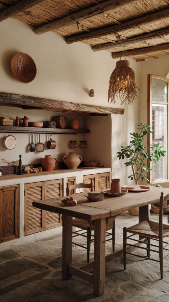 A wabi sabi kitchen embracing rustic wood and handcrafted details, showcasing wooden cabinets with a slatted design, a simple wooden dining table with woven chairs, a textured ceiling, plastered walls, and handcrafted pottery on display.