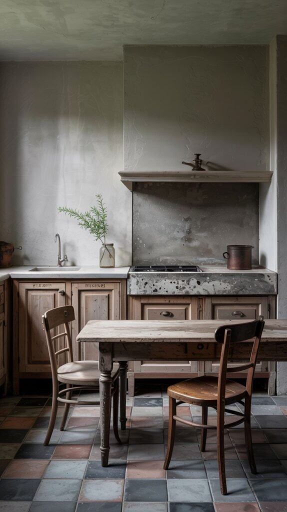 A wabi sabi kitchen emphasizing patina and simplicity, showcasing plastered walls, simple wooden cabinets and a countertop with signs of age, a basic sink with a visible faucet, a rustic wooden dining table with mismatched chairs, and a tiled floor with varied colors and textures.