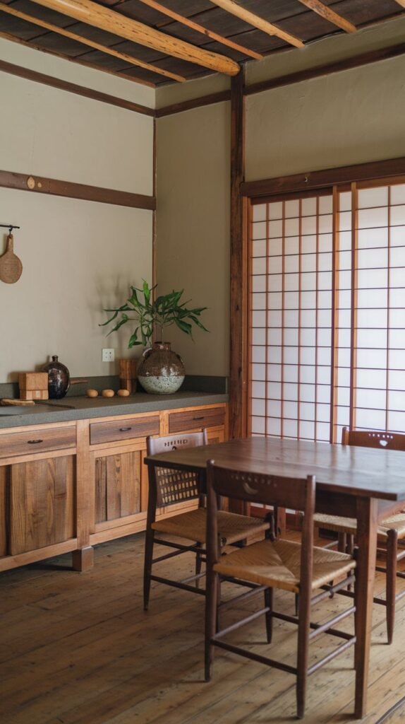 A serene wabi sabi kitchen with a focus on wood, including wooden flooring, cabinetry, and a dining table with woven chairs, complemented by shoji-style sliding doors, and minimal decor creating a tranquil atmosphere.