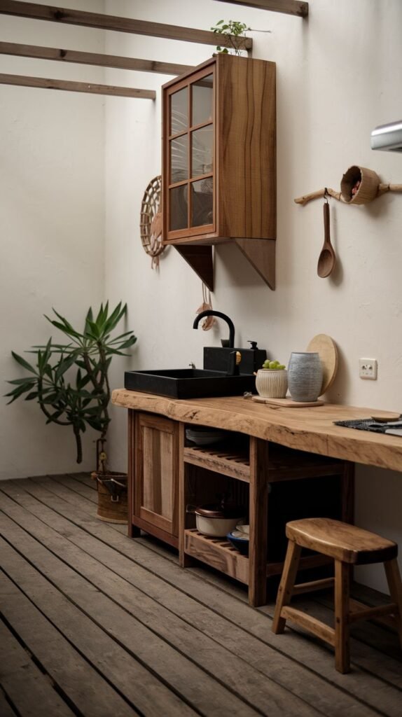 A minimalist wabi sabi kitchen emphasizing raw wood textures with an exposed wood countertop and support, a simple wooden stool, a dark sink, minimal upper cabinetry, and wooden plank flooring.