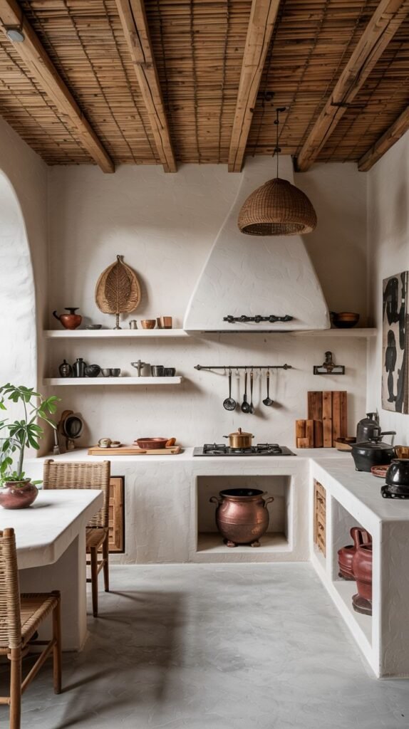 A wabi sabi kitchen with soft plastered walls featuring subtle curves, abundant natural light, a simple white dining table with woven chairs, a textured ceiling, open shelving displaying pottery, and a focus on organic forms and natural materials.