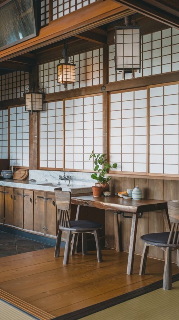 A bright and airy wabi sabi kitchen with extensive use of natural wood, including wooden paneling, shoji-style screens allowing diffused light, a simple wooden dining table and chairs with dark cushions, a marble countertop, and hanging lantern-style light fixtures.