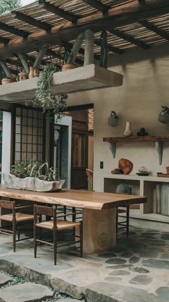 An open and natural wabi sabi kitchen blurring indoor-outdoor boundaries, featuring raw stone flooring, unfinished wooden support beams and a slatted ceiling, a massive live-edge wooden dining table with simple chairs, a stone-like kitchen counter with open shelving and organically shaped pottery.