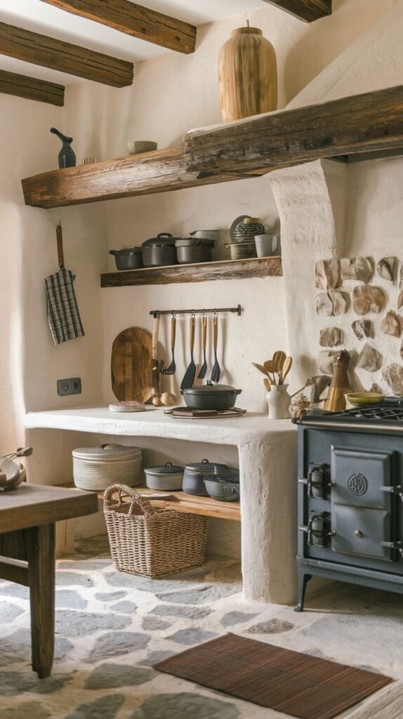 An earthy and textured wabi sabi kitchen with whitewashed walls, exposed wooden beams, a stone tile floor, a rustic black stove as a focal point, a simple wooden table partially visible, and open shelving displaying functional pottery and kitchenware.