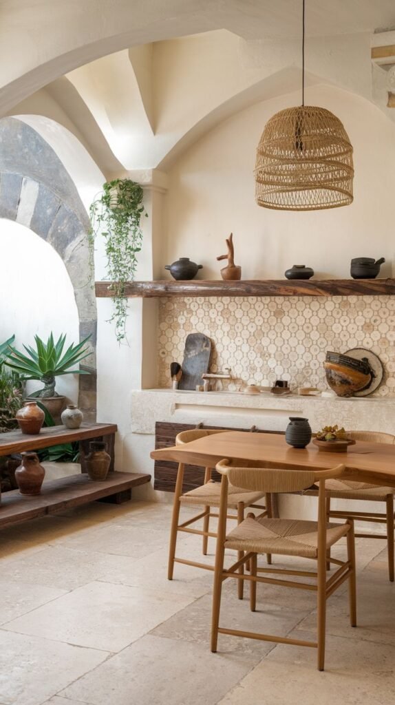 An architecturally interesting wabi sabi kitchen with arched openings leading to an outdoor space, simple wooden cabinetry and a countertop, a wooden shelf displaying pottery, a light wood dining table with woven chairs, and a natural woven pendant light.
