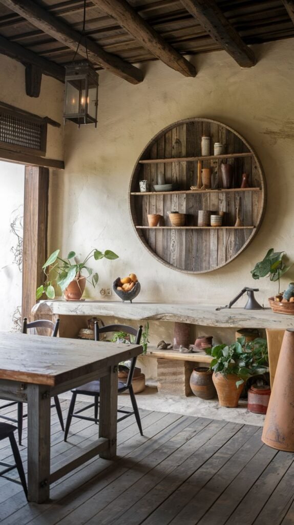 A characterful wabi sabi kitchen featuring reclaimed wooden floorboards, a rustic wooden countertop, a round wooden shelf displaying pottery and utensils, a simple wooden dining table with dark chairs, plastered walls, and ample natural light from a nearby opening.