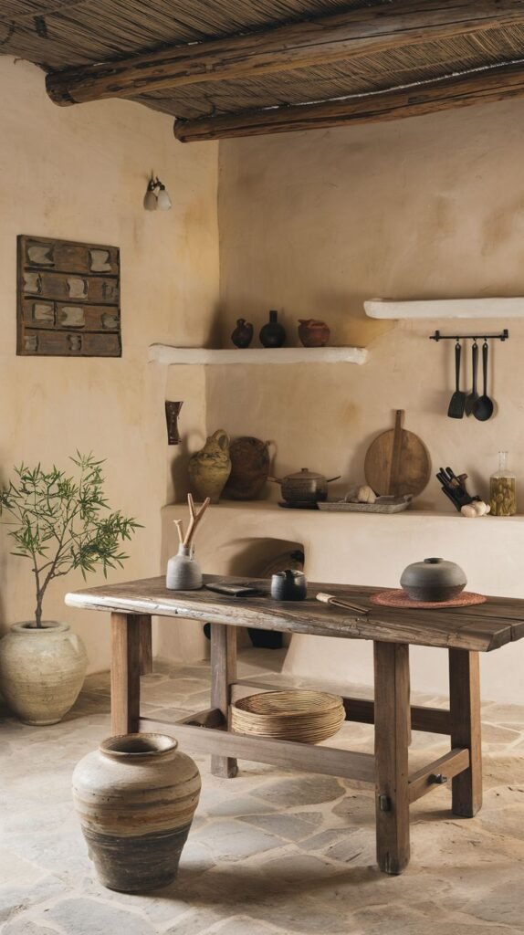A minimalist wabi sabi kitchen with simple plastered walls, a rustic wooden dining table with a woven basket underneath, minimal open shelving displaying a few pieces of pottery, a stone floor, and a single light fixture, emphasizing the beauty of raw materials.