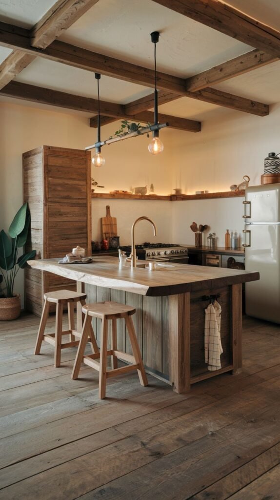 A wood-dominated wabi sabi kitchen with exposed wooden ceiling beams, wooden flooring, a substantial wooden kitchen island with a live-edge countertop and wooden stools, simple wooden cabinetry, and a focus on the natural grain of the wood.