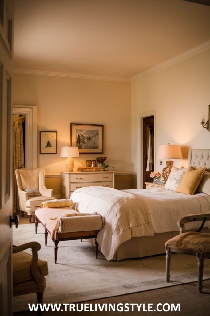 A serene and romantic bedroom with a warm atmosphere is depicted with a soft neutral color palette in the walls, bedding, and furniture, enhanced by the gentle glow of table lamps.