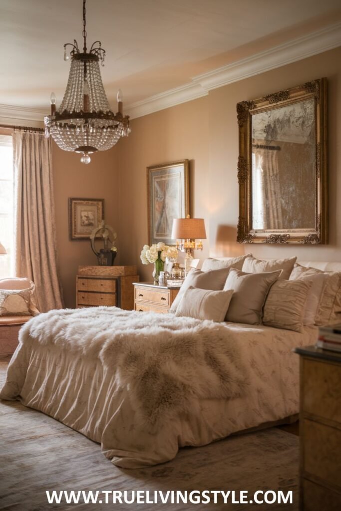 A warm and romantic bedroom sanctuary features luxurious textures like a faux fur throw and plush pillows in neutral colors, illuminated by soft lighting from a chandelier and table lamps.