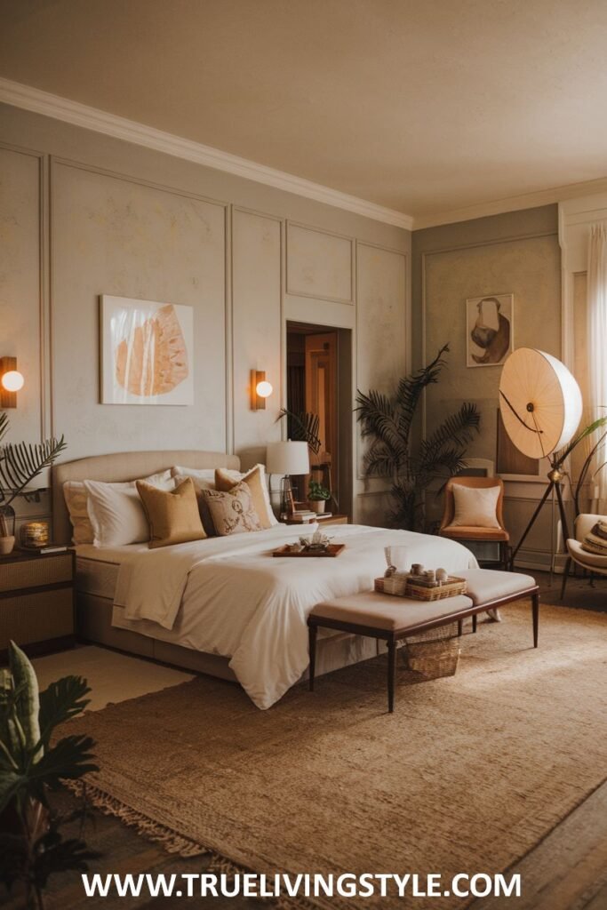 A contemporary yet warm romantic bedroom combines sleek furniture with warm wood tones and soft ambient lighting, incorporating plants for freshness.