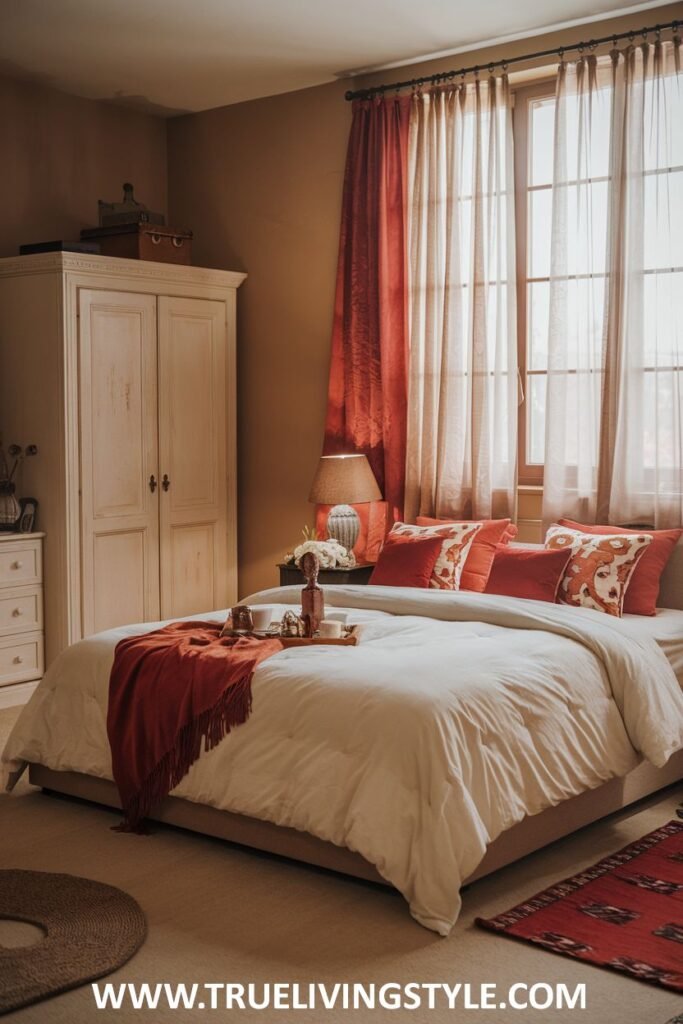 This warm and romantic bedroom is decorated with earthy red and brown tones in the bedding, curtains, and rug, enhanced by the soft lighting of a bedside lamp.