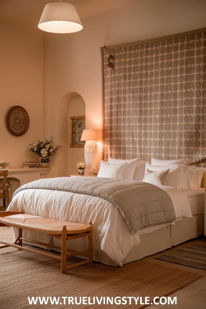 A minimalist bedroom with a warm and romantic atmosphere embraces simplicity with white bedding and clean lines, introducing warmth through natural textures and soft lamp lighting.