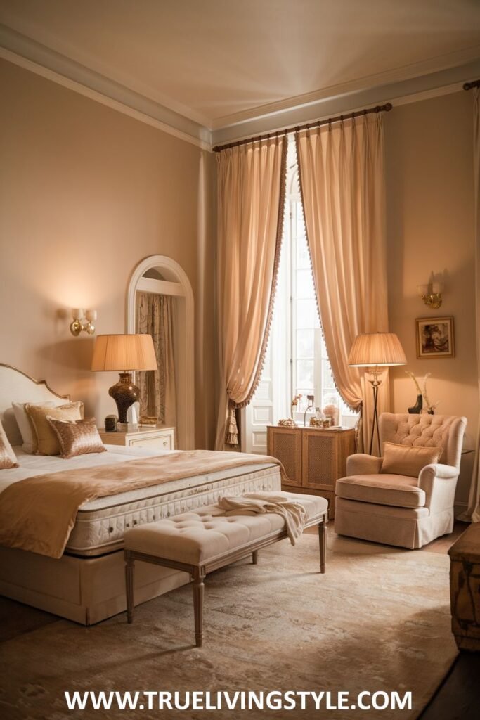 A comfortable armchair upholstered in a soft, warm tone adds a cozy seating area to this warm and romantic bedroom, complemented by warm bedding and gentle lighting.