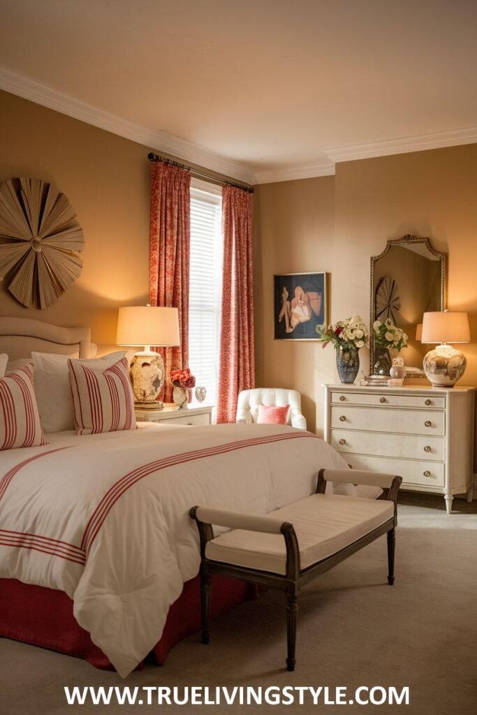 A warm romantic bedroom features subtle patterns in the bedding and curtains in warm hues, coordinated with warm beige walls and soft lighting from bedside lamps.