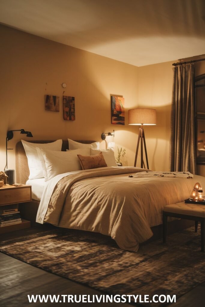 A cozy corner with a comfortable armchair and soft floor lamp lighting creates a warm and romantic ambiance in this bedroom, complemented by warm-toned bedding.
