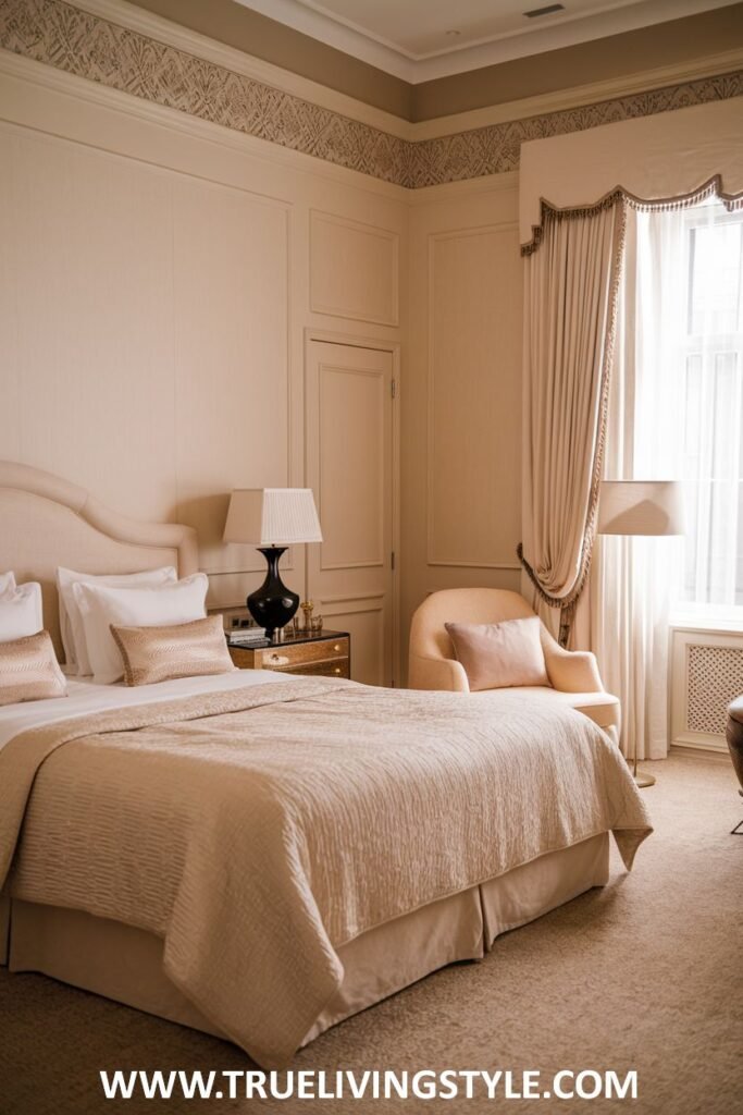 Paneled walls in a soft beige tone enhance the warmth and elegance of this romantic bedroom, paired with plush bedding and gentle lamp lighting for a warm and sophisticated feel.