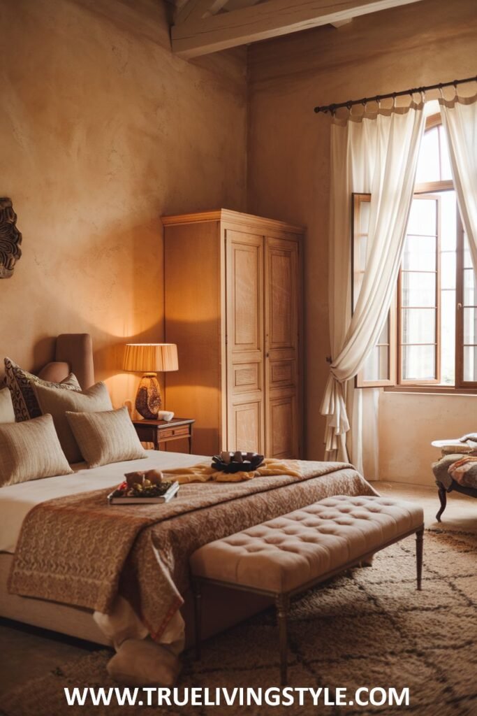 A warm romantic bedroom with textured walls in a warm tone features natural wood furniture, textured bedding, and soft lamp lighting for a cozy and inviting space.