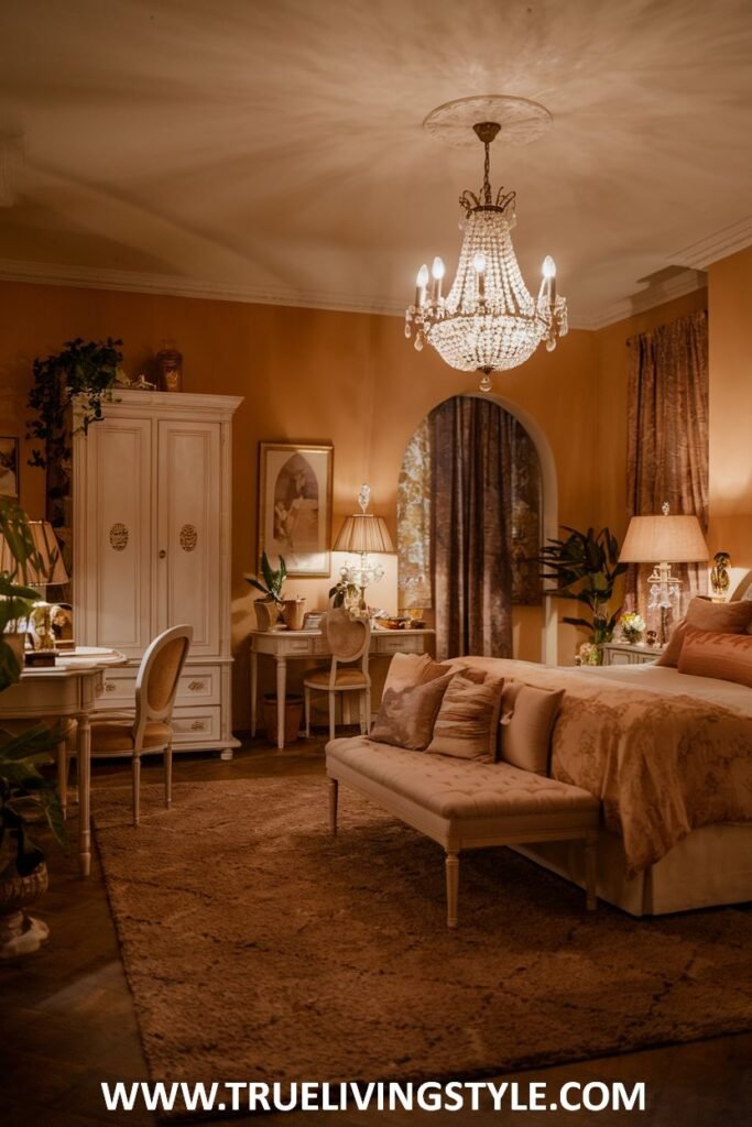 A warm and romantic bedroom utilizes a layered lighting scheme with a chandelier and multiple table lamps, complemented by soft blush tones in the decor.