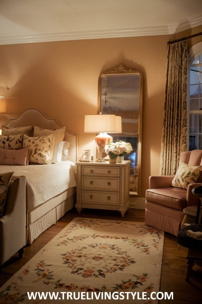 A romantic bedroom with warm touches includes a floral rug as a prominent accent, complemented by warm-toned walls and the soft light of a bedside lamp.