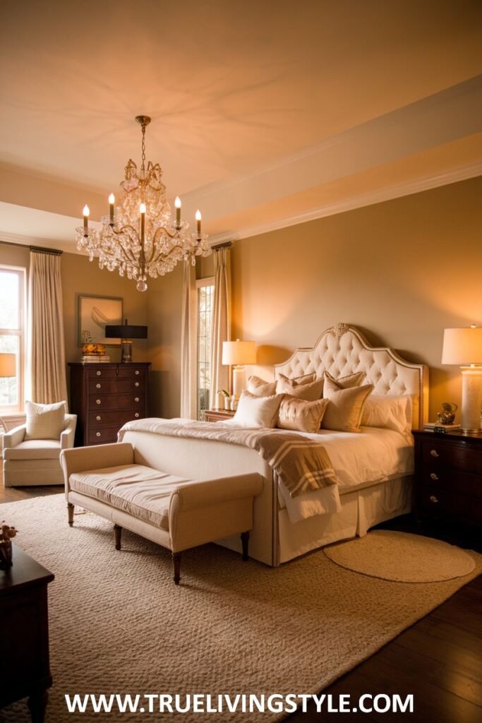 A luxurious tufted headboard serves as a focal point in this warm romantic bedroom, paired with soft cream and beige bedding and warm ambient lighting.