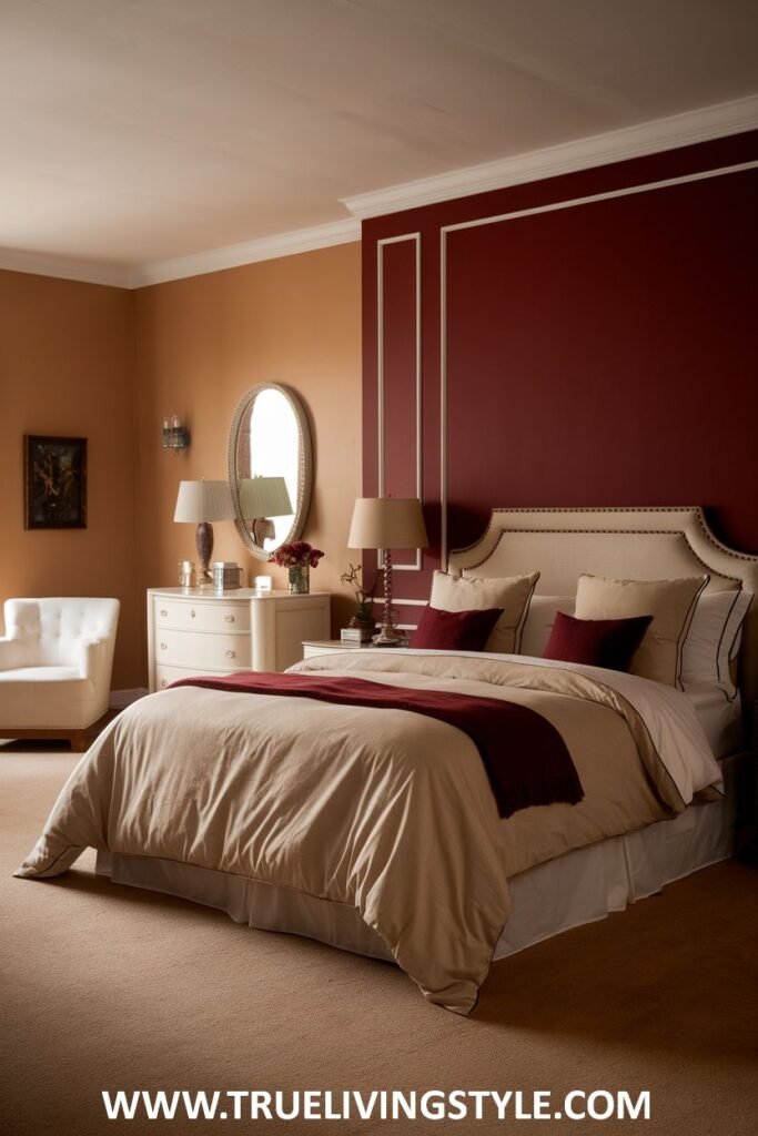 A warm romantic bedroom introduces a bold contrast with a deep red accent wall and throw pillows, balanced by warm beige tones in the rest of the decor.