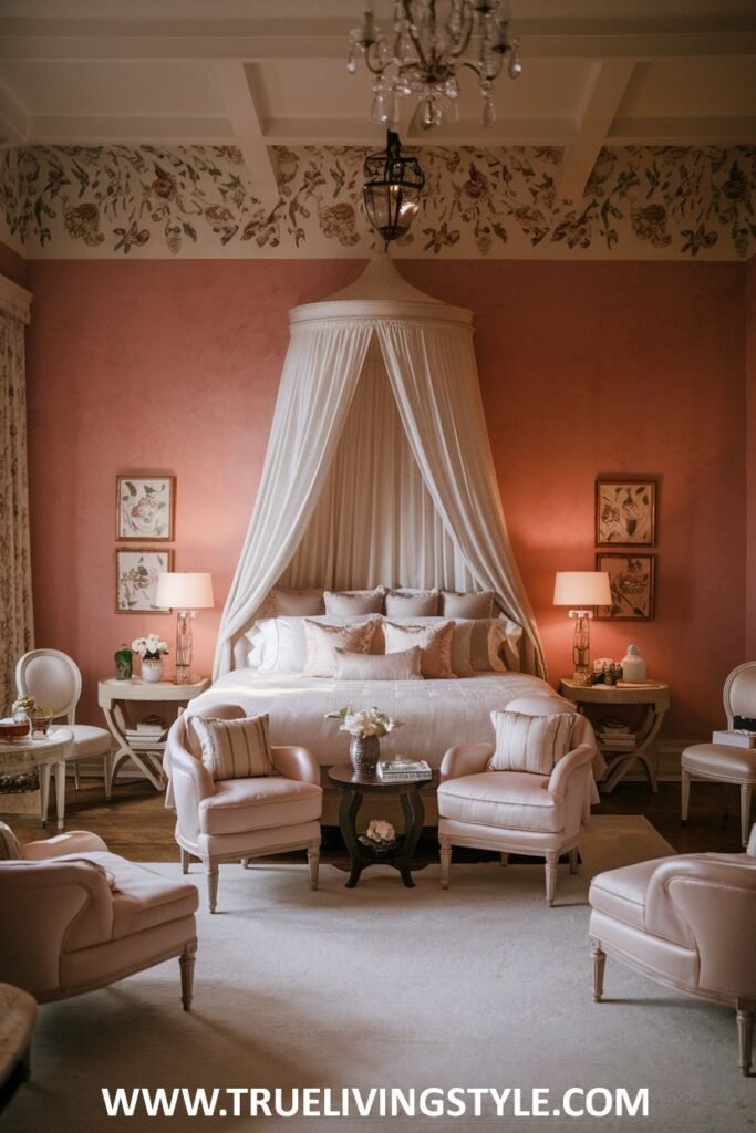 A dreamy and romantic canopy bed in a warm-hued bedroom is draped in sheer white fabric, enhanced by soft, warm lighting from bedside lamps.