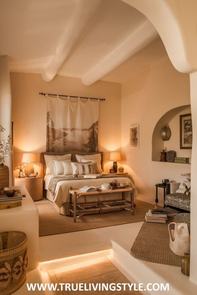 A bohemian-inspired warm romantic bedroom features woven wall hangings and natural textures in the bedding and rug, combined with warm lighting from multiple lamps.