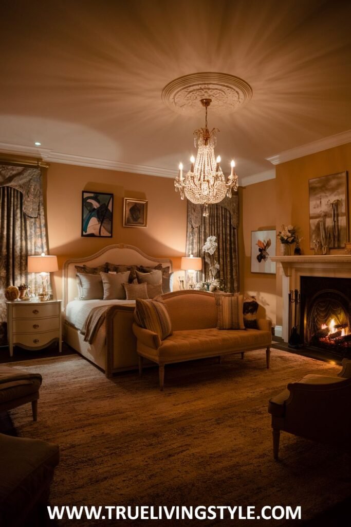 A comfortable sofa in a warm mustard color adds a touch of luxury to this romantic bedroom with a fireplace, coordinated with warm-toned bedding and soft lighting for a cozy retreat.